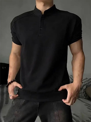 Αμερικανικού στυλ ανδρικό κοντομάνικο T‑shirt πόλο με Henley γιακά, patchwork, καλοκαιρινή άνετη γραμμή