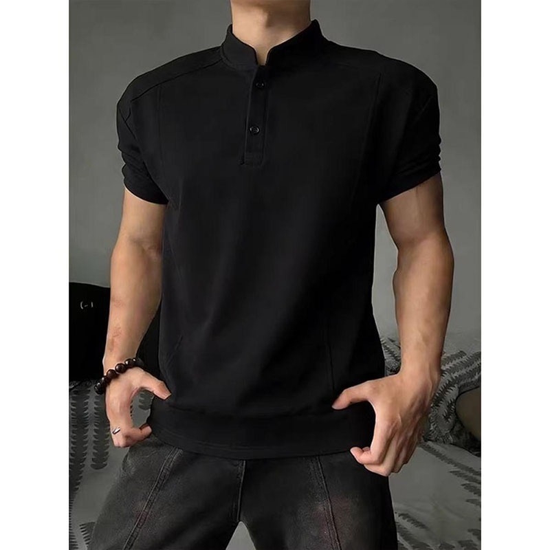Αμερικανικού στυλ ανδρικό κοντομάνικο T‑shirt πόλο με Henley γιακά, patchwork, καλοκαιρινή άνετη γραμμή
