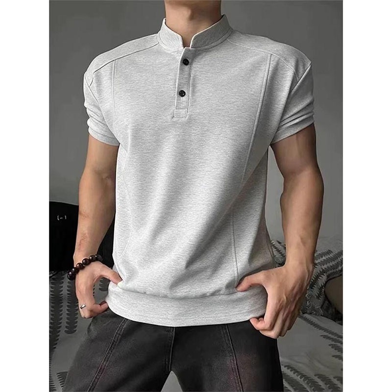 Αμερικανικού στυλ ανδρικό κοντομάνικο T‑shirt πόλο με Henley γιακά, patchwork, καλοκαιρινή άνετη γραμμή