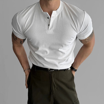 Μαύρο ανδρικό polo με Henley λαιμό, κοντά μανίκια, κομψή καθημερινή επιλογή