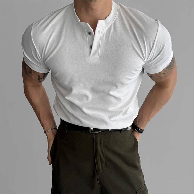 Μαύρο ανδρικό polo με Henley λαιμό, κοντά μανίκια, κομψή καθημερινή επιλογή