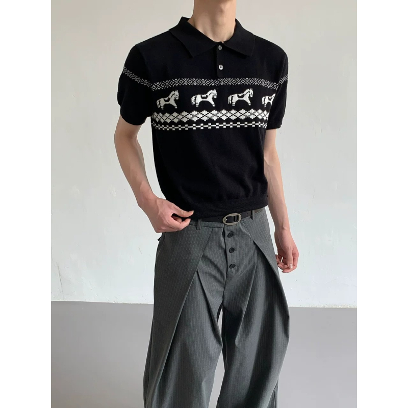 Πλεκτό πόλο πουκάμισο με σχέδιο τζακάρντ και αντίθετο γιακά, κοντά μανίκια, ανδρικό, καλοκαίρι, άνετη γραμμή
