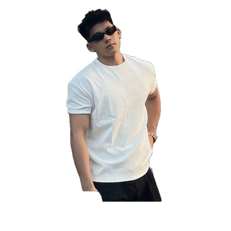 Ανδρικό T-shirt γυμναστικής με βαρύ αμερικάνικο στυλ, Slim-fit, κοντό μανίκι, μαύρο, καλοκαίρι.