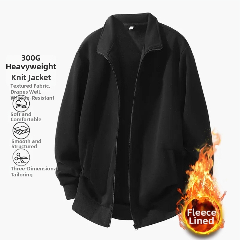 Pánska bunda so stojačikom na zips, ležérny kardiganový štýl, jednofarebná, dlhé rukávy, bočné vrecká, polyester