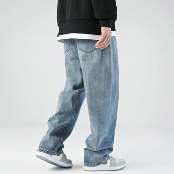Ανδρικά τζιν από denim – ευθεία γραμμή, πλυμένα μαύρα, μεσαία μέση, ιαπωνικά εμπνευσμένο casual στυλ