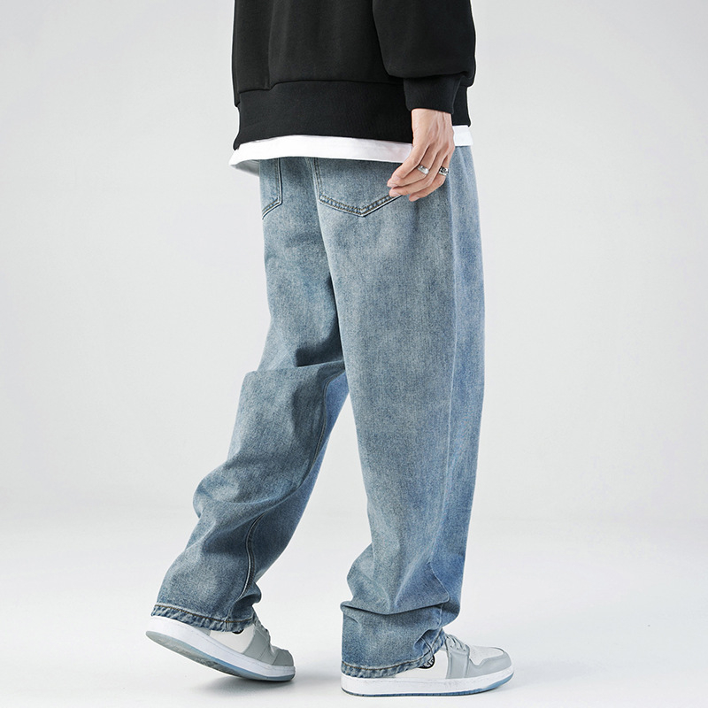 Ανδρικά τζιν από denim – ευθεία γραμμή, πλυμένα μαύρα, μεσαία μέση, ιαπωνικά εμπνευσμένο casual στυλ