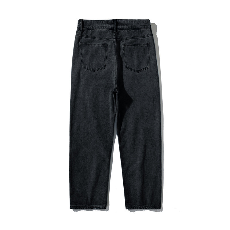 Ανδρικά τζιν από denim – ευθεία γραμμή, πλυμένα μαύρα, μεσαία μέση, ιαπωνικά εμπνευσμένο casual στυλ