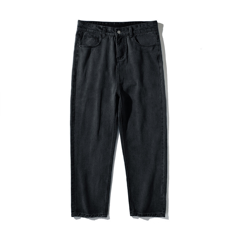 Ανδρικά τζιν από denim – ευθεία γραμμή, πλυμένα μαύρα, μεσαία μέση, ιαπωνικά εμπνευσμένο casual στυλ