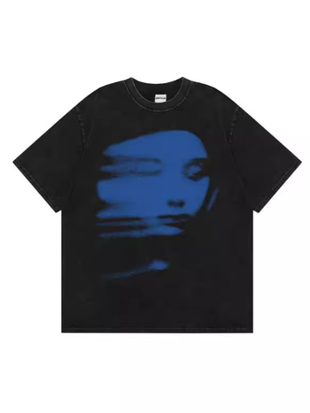 Ανδρικό T-shirt Harajuku με 3D εκτύπωση κόκκινου προσώπου σε μαύρο, κοντά μανίκια, λαιμός στρογγυλός