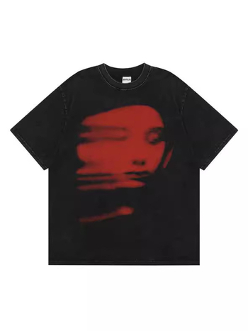 Ανδρικό T-shirt Harajuku με 3D εκτύπωση κόκκινου προσώπου σε μαύρο, κοντά μανίκια, λαιμός στρογγυλός