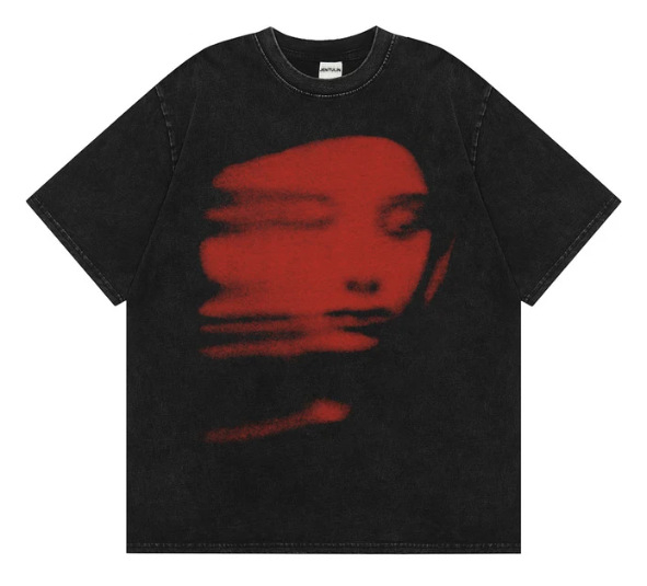 Ανδρικό T-shirt Harajuku με 3D εκτύπωση κόκκινου προσώπου σε μαύρο, κοντά μανίκια, λαιμός στρογγυλός