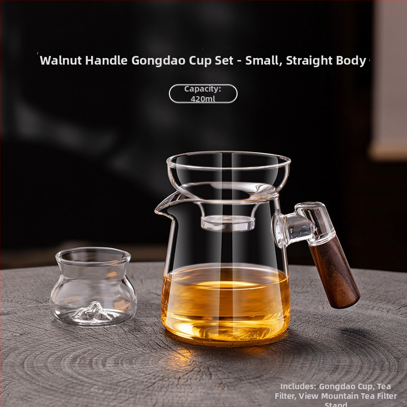 Σετ Gongfu τσαγιού με ξύλινο χερούλι και παχύ θερμοανθεκτικό γυαλί, φίλτρο τσαγιού και κύπελλο έγχυσης