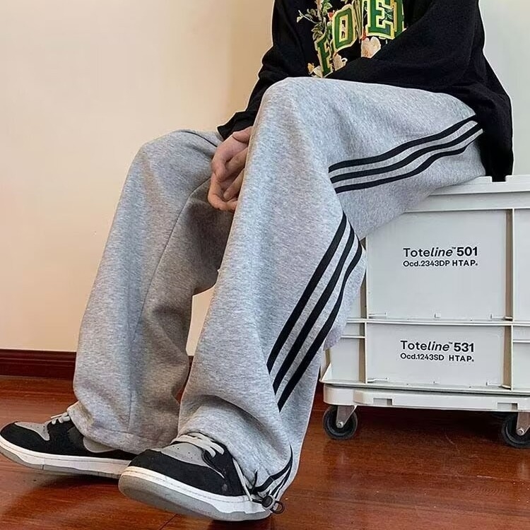 Ανδρικά ριγέ ελαφριά casual παντελόνια με κορδόνι, άνοιξη-καλοκαίρι, φαρδιά γραμμή, κορεατικό στυλ
