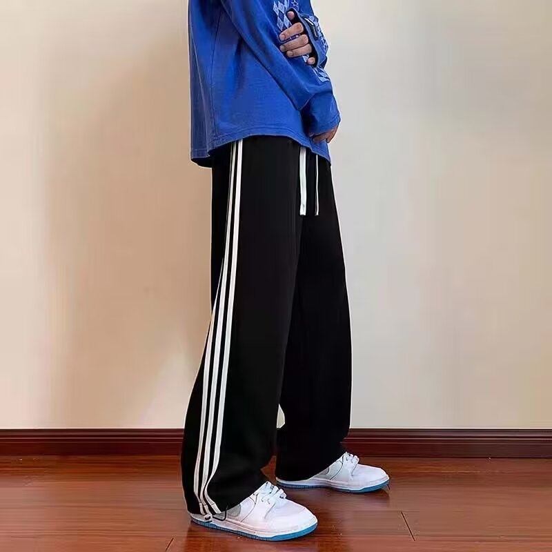 Ανδρικά ριγέ ελαφριά casual παντελόνια με κορδόνι, άνοιξη-καλοκαίρι, φαρδιά γραμμή, κορεατικό στυλ