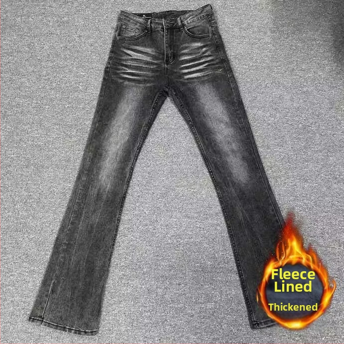 Pánske džínsy High Street Washed Black s flísovou podšívkou z roku 2026, rovný slim strih, rozšírený denim