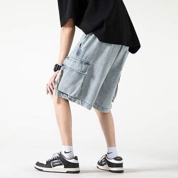 Ανδρικά denim σορτς εργασίας σε Αμερικανικό στιλ, καλοκαίρι, με μεγάλες τσέπες, μήκος μέχρι το γόνατο, αστικό στυλ