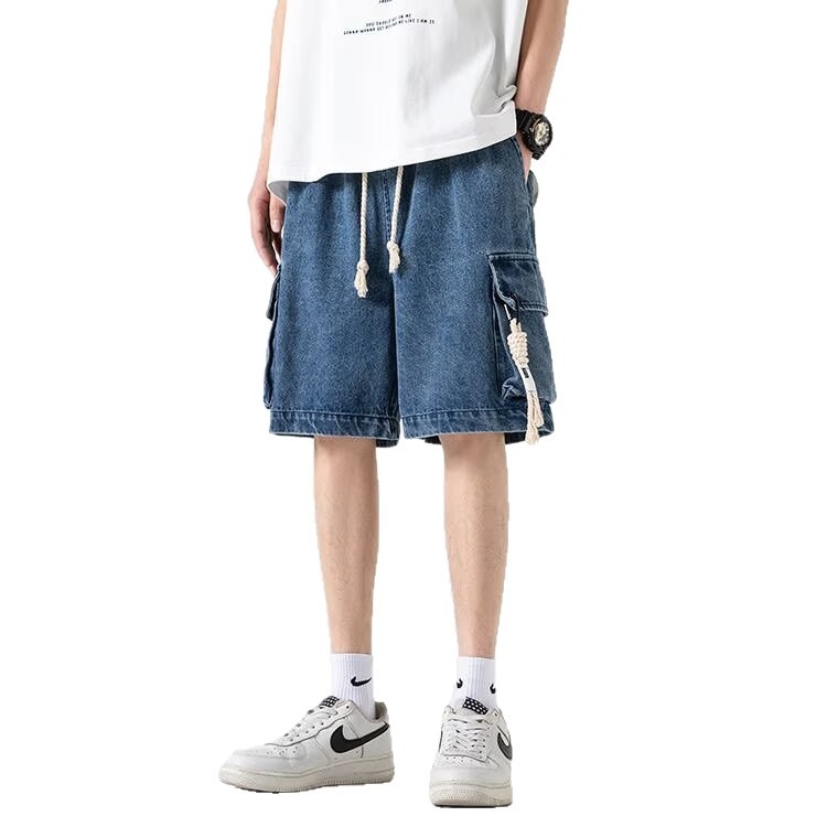 Ανδρικά denim σορτς εργασίας σε Αμερικανικό στιλ, καλοκαίρι, με μεγάλες τσέπες, μήκος μέχρι το γόνατο, αστικό στυλ