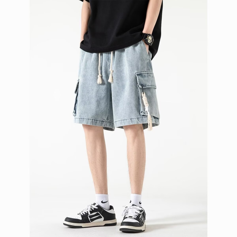Ανδρικά denim σορτς εργασίας σε Αμερικανικό στιλ, καλοκαίρι, με μεγάλες τσέπες, μήκος μέχρι το γόνατο, αστικό στυλ