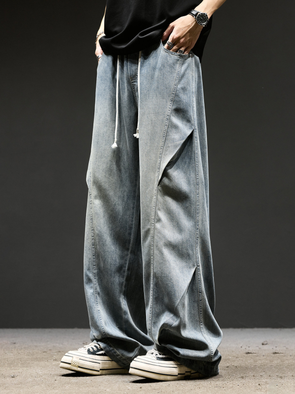 Ανδρικά τζιν από denim, ελαφριά για το καλοκαίρι, αμερικάνικο streetwear στυλ, πλυμένα, χαλαρή ίσια γραμμή, μακριά παντελόνια