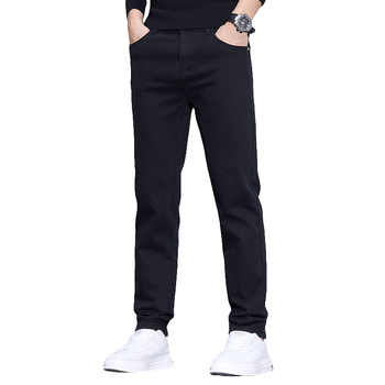 Ανδρικά jeans για φθινόπωρο/χειμώνα, κοπή slim-straight, μαύρα, επενδυμένα με fleece, χοντρά, ελαστικά, casual