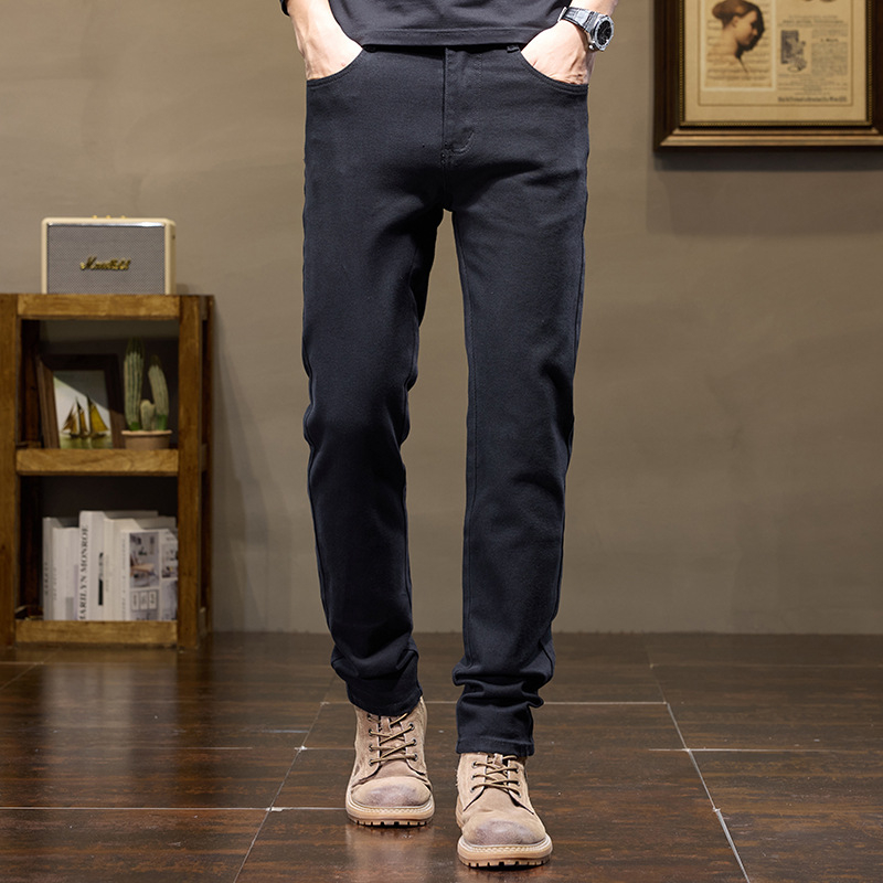 Ανδρικά jeans για φθινόπωρο/χειμώνα, κοπή slim-straight, μαύρα, επενδυμένα με fleece, χοντρά, ελαστικά, casual