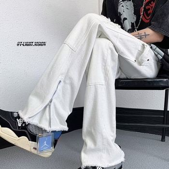 Ανδρικά τζιν από denim με σκισμένες άκρες και φερμουάρ, στυλ εργασιακού ρουχισμού, αμερικανικό vibe, high street σχεδίαση, μικρή φλερ γραμμή