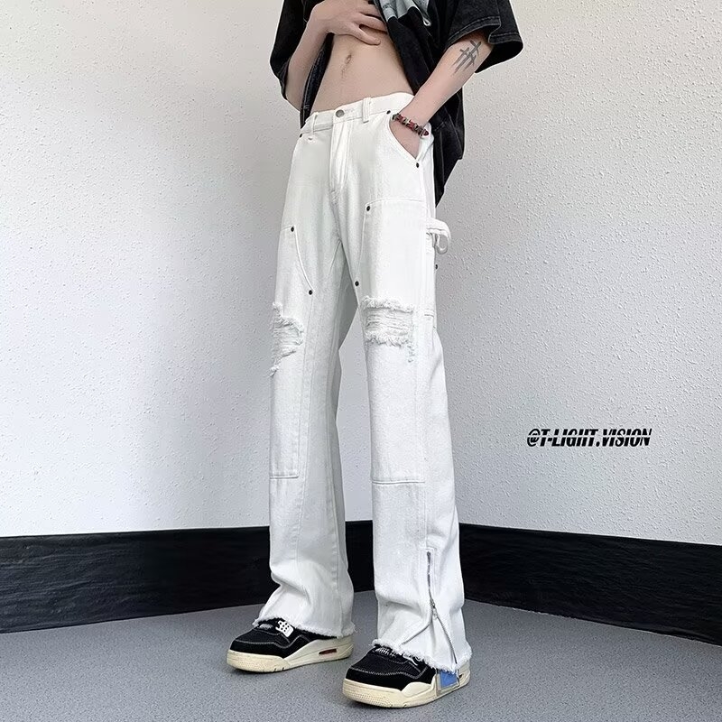 Ανδρικά τζιν από denim με σκισμένες άκρες και φερμουάρ, στυλ εργασιακού ρουχισμού, αμερικανικό vibe, high street σχεδίαση, μικρή φλερ γραμμή