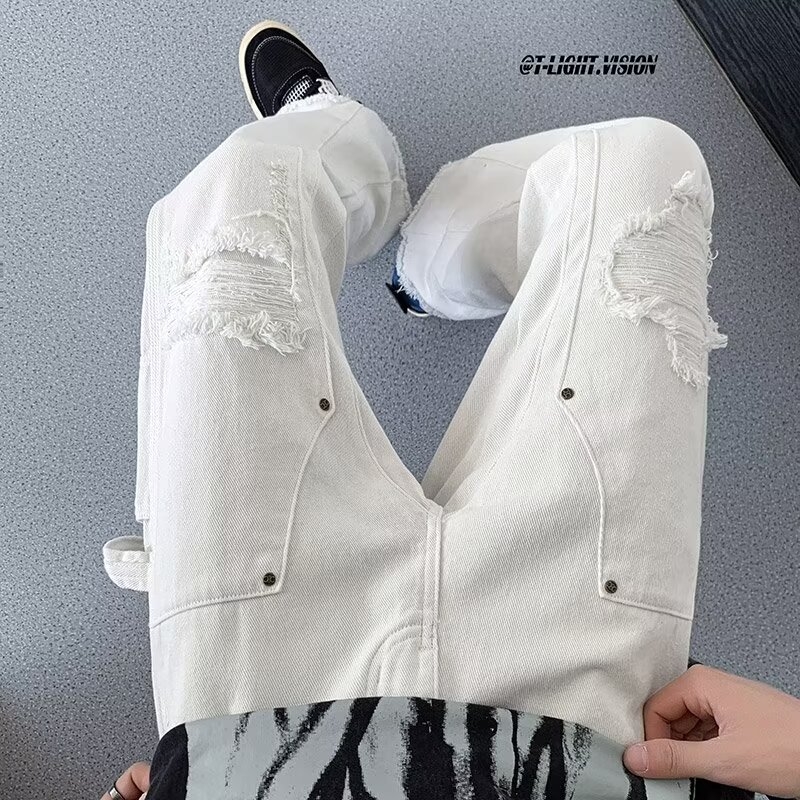 Ανδρικά τζιν από denim με σκισμένες άκρες και φερμουάρ, στυλ εργασιακού ρουχισμού, αμερικανικό vibe, high street σχεδίαση, μικρή φλερ γραμμή