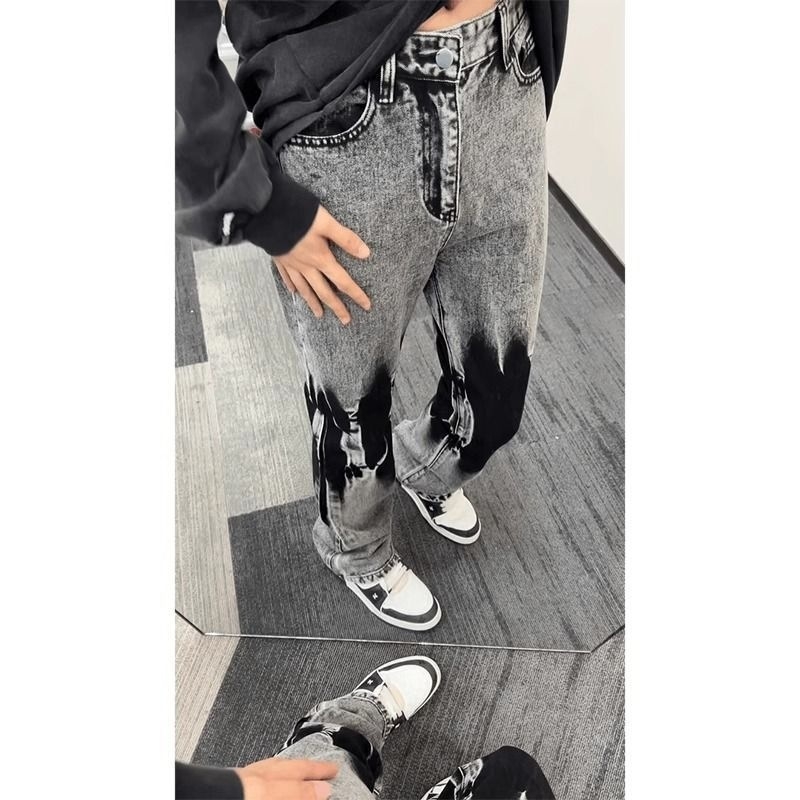 Ανδρικά τζιν με ίσιο κόψιμο, casual, πλύσιμο tie-dye, plus size