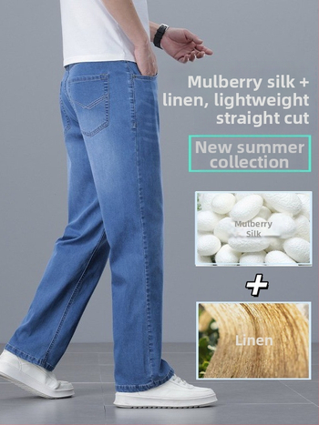 Pánske luxusné džínsy Mulberry Silk-Linen, ľahké letné voľné džínsové nohavice s rovnými nohavicami z ľadového hodvábu