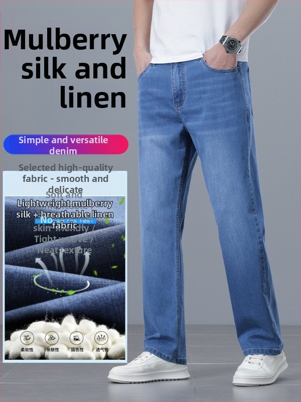 Pánske luxusné džínsy Mulberry Silk-Linen, ľahké letné voľné džínsové nohavice s rovnými nohavicami z ľadového hodvábu