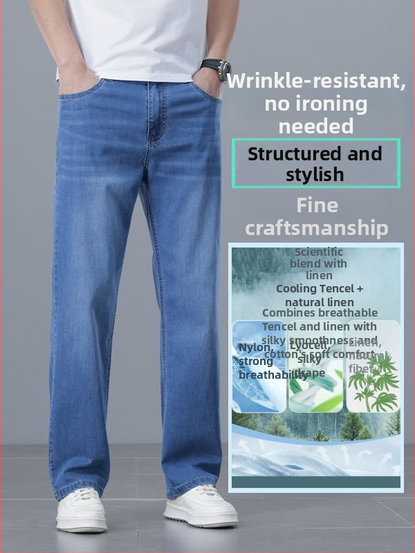 Pánske luxusné džínsy Mulberry Silk-Linen, ľahké letné voľné džínsové nohavice s rovnými nohavicami z ľadového hodvábu