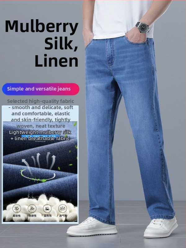 Pánske luxusné džínsy Mulberry Silk-Linen, ľahké letné voľné džínsové nohavice s rovnými nohavicami z ľadového hodvábu