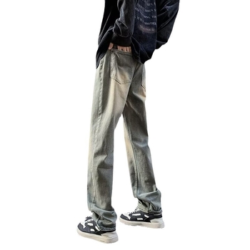 Blugi cu fleece pentru toamnă-iarnă, stil high street pentru bărbați, croială slim straight, denim lavat galben nămol