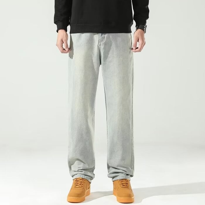 Blugi cu fleece pentru toamnă-iarnă, stil high street pentru bărbați, croială slim straight, denim lavat galben nămol