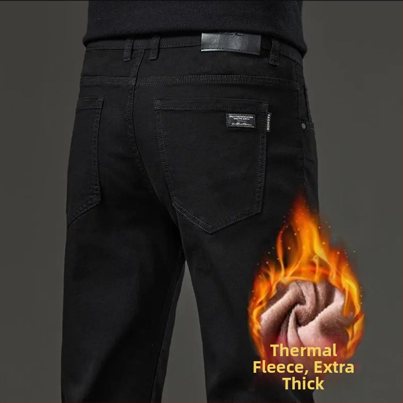Všestranné džínsy s flísovou podšívkou a luxusne elastickými, voľnými pánskymi nohavicami rovného strihu, trendy denim