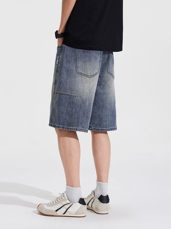 Shanggu Ανδρικά denim σορτς με ίσια γραμμή, δροσερό καλοκαίρι, vintage patchwork, πέντε τσέπες