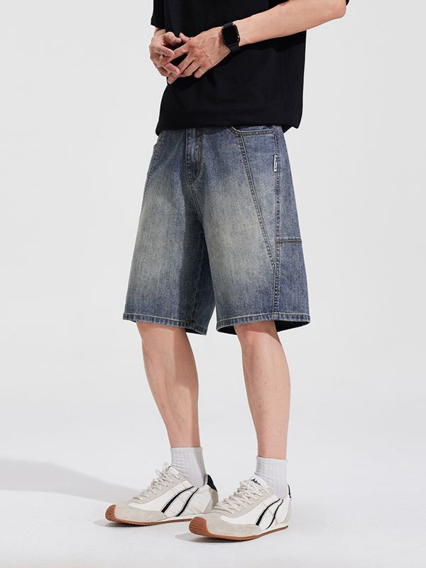 Shanggu Ανδρικά denim σορτς με ίσια γραμμή, δροσερό καλοκαίρι, vintage patchwork, πέντε τσέπες