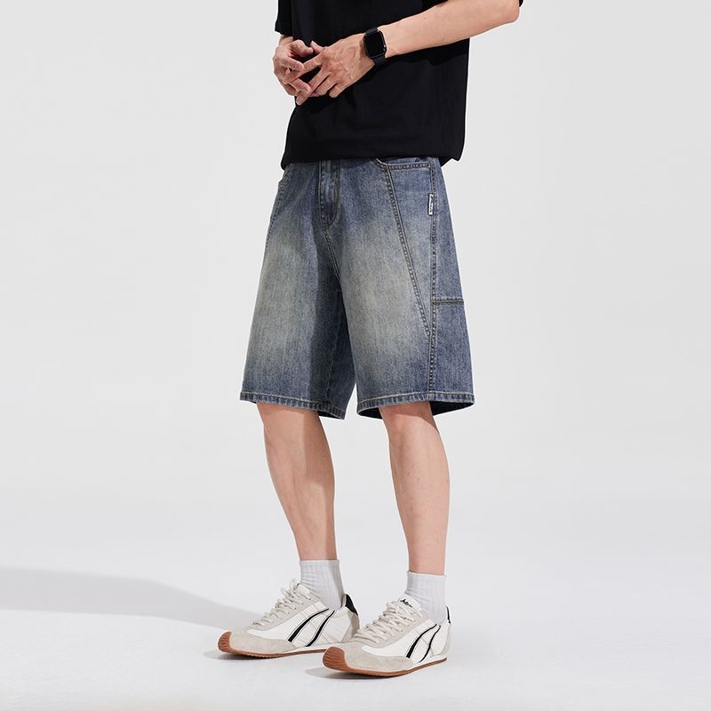 Shanggu Ανδρικά denim σορτς με ίσια γραμμή, δροσερό καλοκαίρι, vintage patchwork, πέντε τσέπες