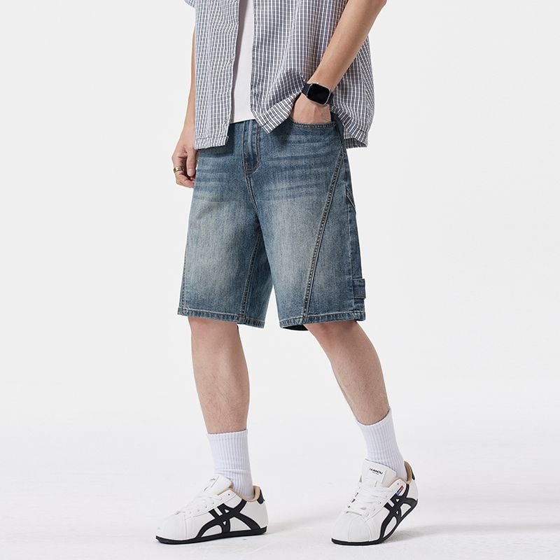 Shanggu Ανδρικά denim σορτς με ίσια γραμμή, δροσερό καλοκαίρι, vintage patchwork, πέντε τσέπες