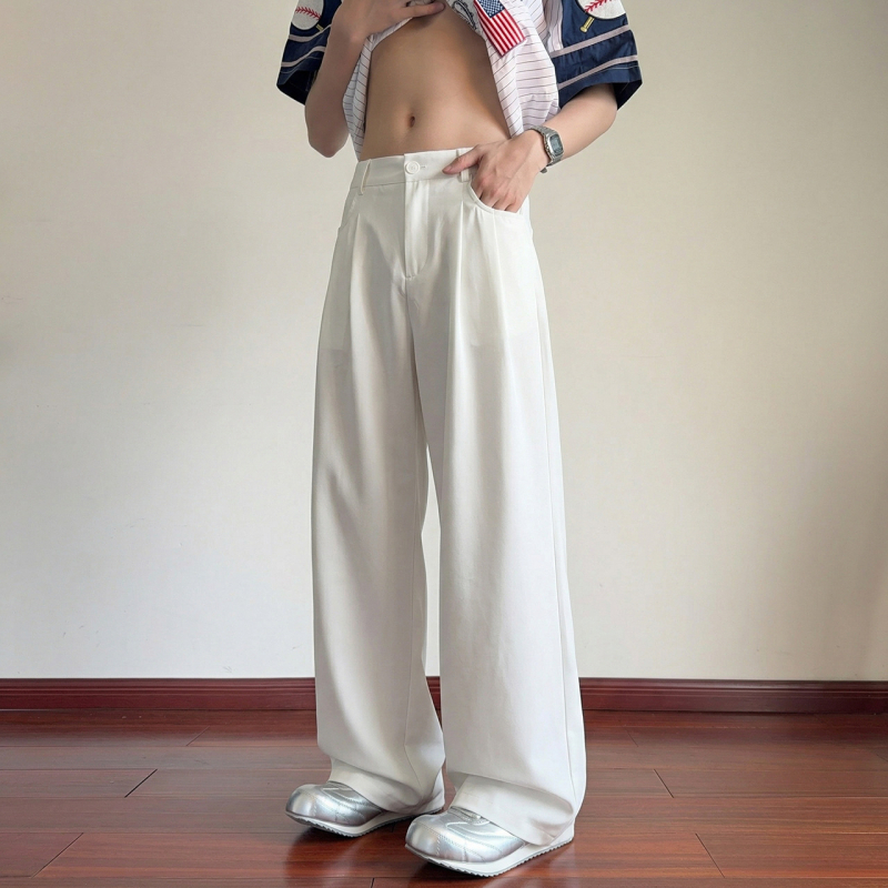 Ανδρικά παντελόνια wide-leg από ice-silk, χαλαρή καθημερινή γραμμή, μονόχρωμο ύφος για καλοκαίρι