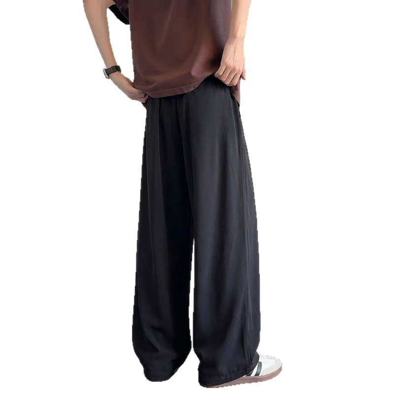 Ανδρικά παντελόνια wide-leg από ice-silk, χαλαρή καθημερινή γραμμή, μονόχρωμο ύφος για καλοκαίρι
