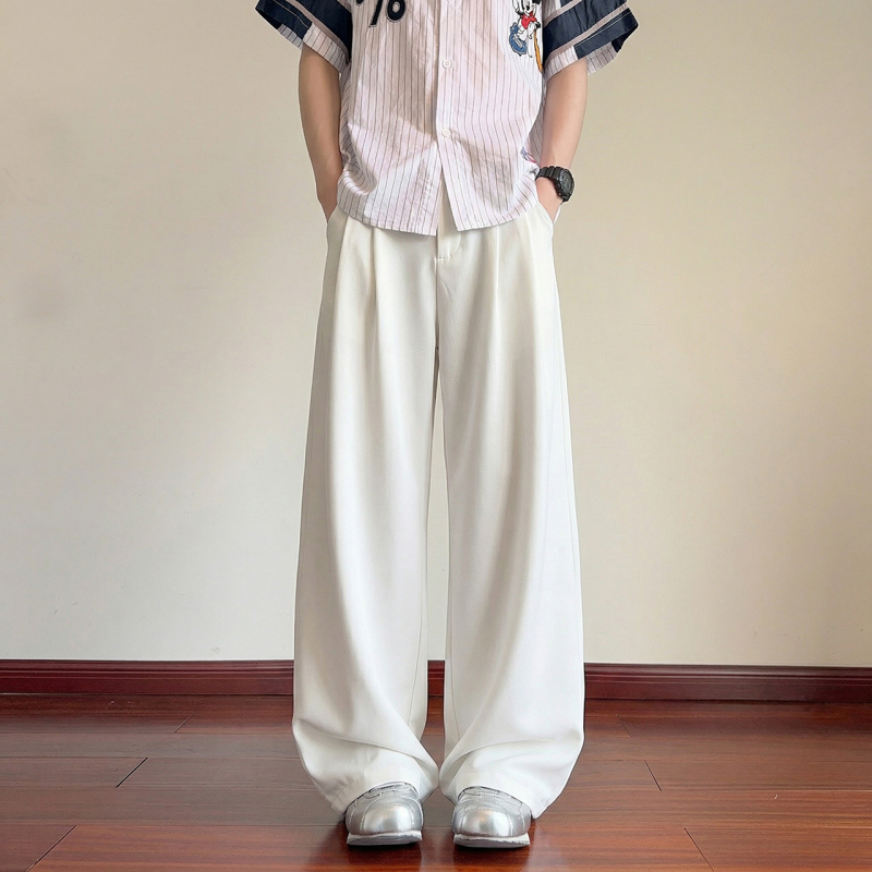 Ανδρικά παντελόνια wide-leg από ice-silk, χαλαρή καθημερινή γραμμή, μονόχρωμο ύφος για καλοκαίρι