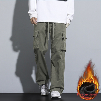 Zimné cargo nohavice s flísovou podšívkou, pánske ležérne pracovné oblečenie, voľný rovný strih s elastickým pásom, japonský streetwear