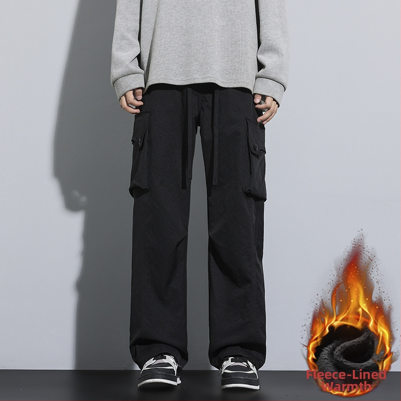 Zimné cargo nohavice s flísovou podšívkou, pánske ležérne pracovné oblečenie, voľný rovný strih s elastickým pásom, japonský streetwear