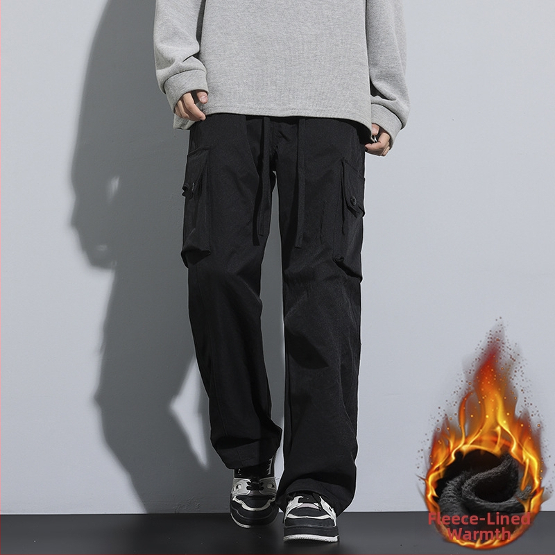 Zimné cargo nohavice s flísovou podšívkou, pánske ležérne pracovné oblečenie, voľný rovný strih s elastickým pásom, japonský streetwear