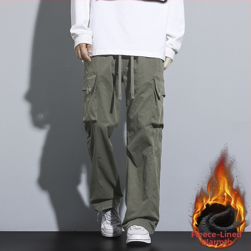 Zimné cargo nohavice s flísovou podšívkou, pánske ležérne pracovné oblečenie, voľný rovný strih s elastickým pásom, japonský streetwear