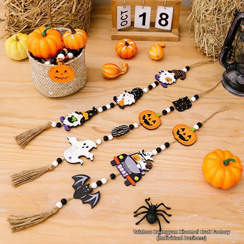 Halloweenská drevená závesná korálková dekorácia s príveskom tekvice, ducha a netopiera