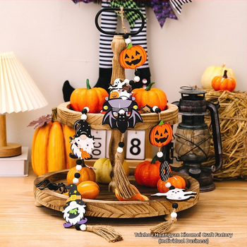 Halloweenská drevená závesná korálková dekorácia s príveskom tekvice, ducha a netopiera