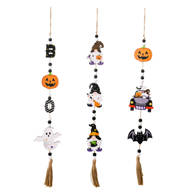 Ξύλινο κρεμαστό διακοσμητικό για το Halloween με χάντρες: κολοκύθα, φάντασμα και νυχτερίδα